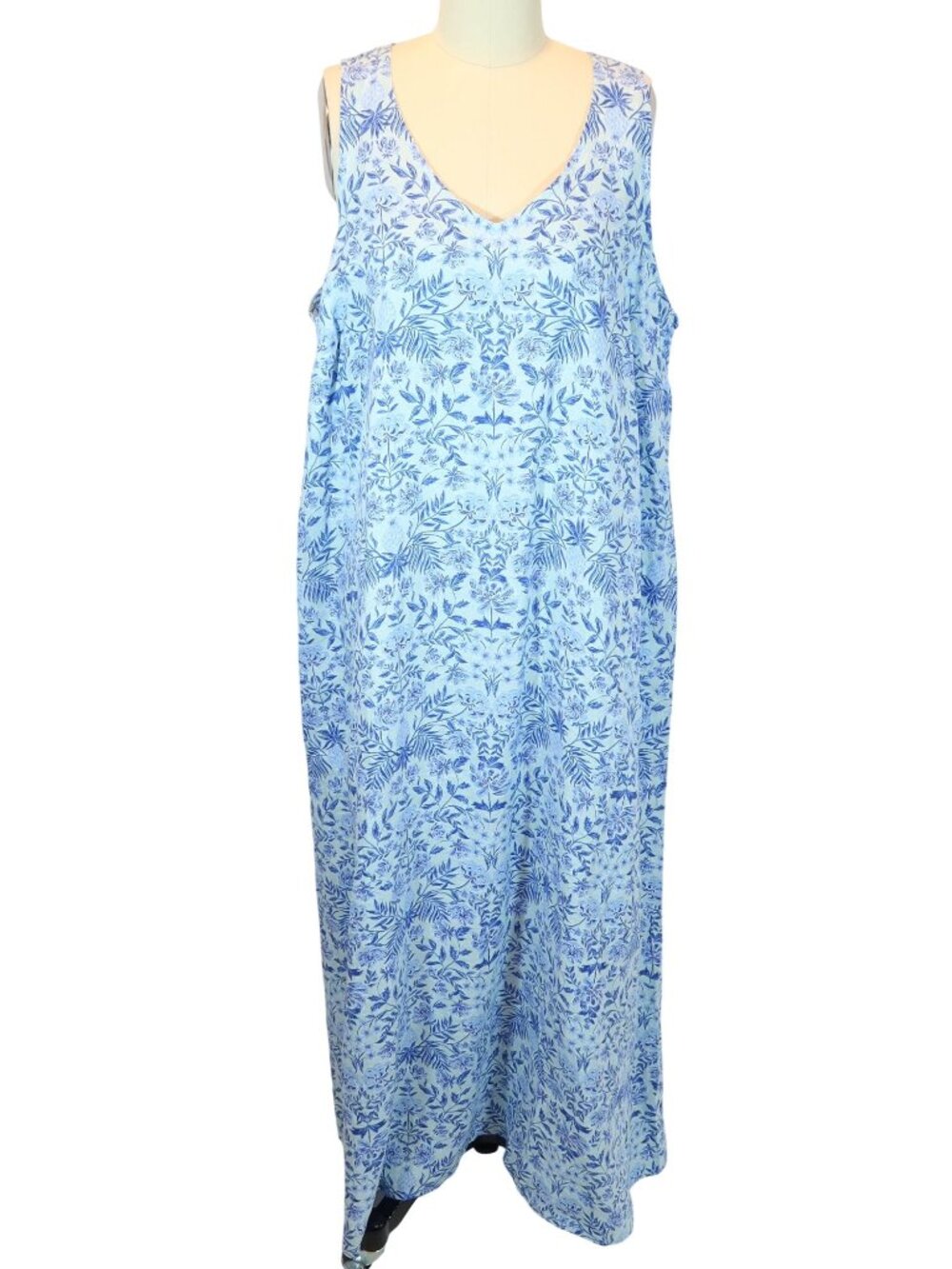 J JILL Love Linen V Neck Maxi Dress Size L NWT Aqua Floral Coastal Summer - Picture 2 of 11
